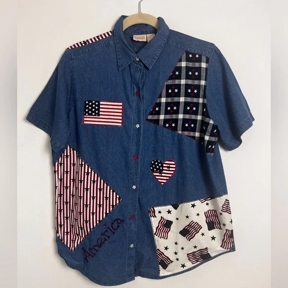 Vintage Roman's 16W Cotton Short Sleeve Patriotic Patchwork Quirky Denim Top - Picture 1 of 9